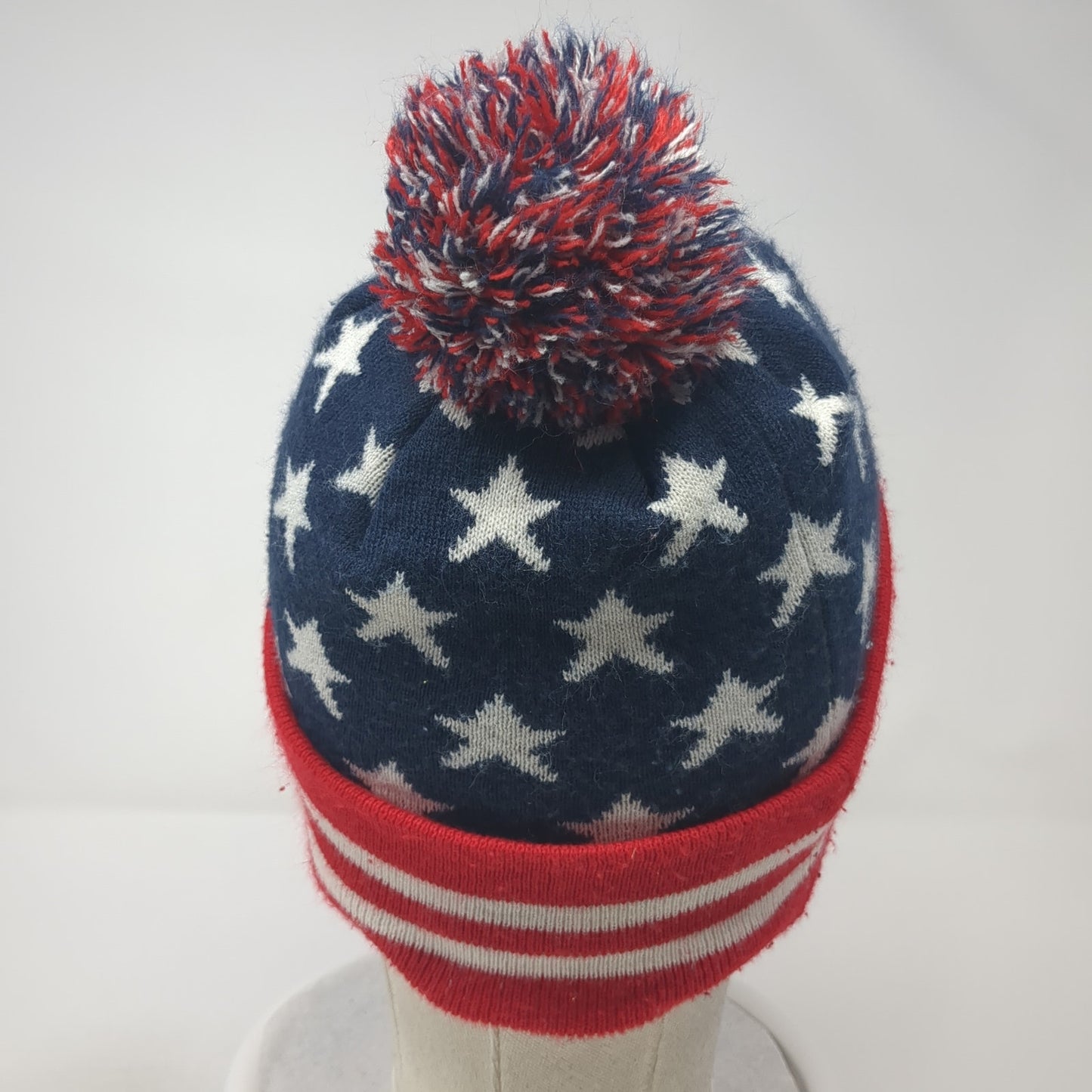 American Flag Beanie Hat Multicolor One Size Stretch Knitted Patriotic Pom Pom