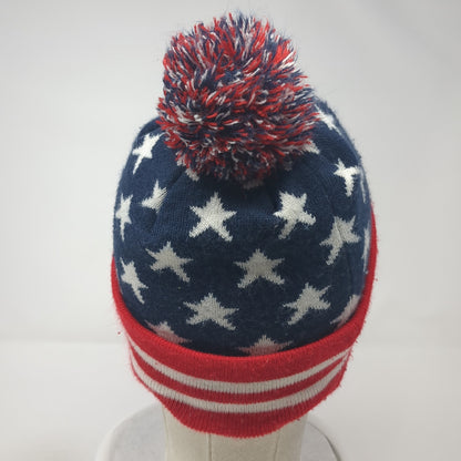 American Flag Beanie Hat Multicolor One Size Stretch Knitted Patriotic Pom Pom