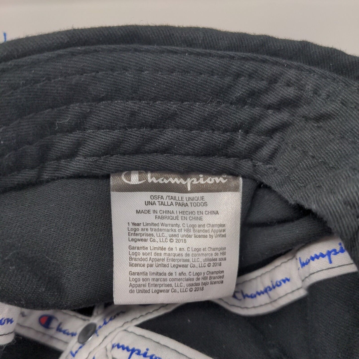 Champion Slideback Hat Black OSFA Adjustable Embroidered Logo 6 Panel Cotton