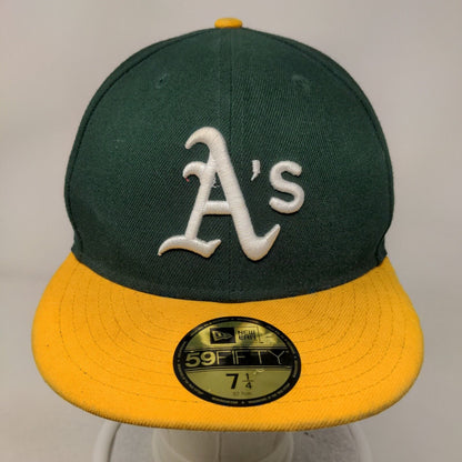 Oakland A's Fitted Hat Green Yellow Size 7 1/4 New Era 59 Fifty Embroidered MLB
