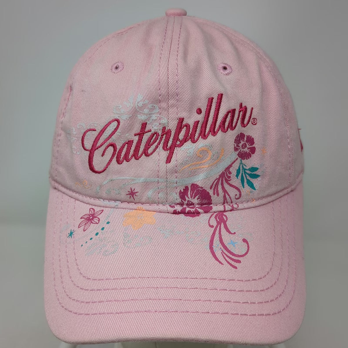 Caterpillar Baseball Cap Pink One Size Floral Embroidery Strapback Hat CAT Logo