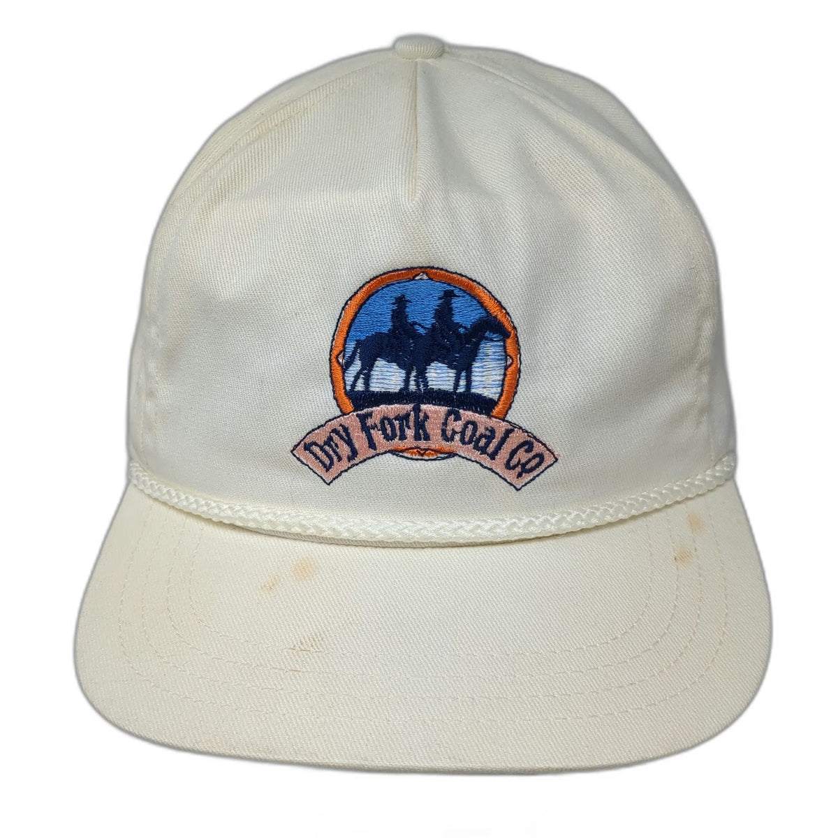 Jan-Mar Dry Fork Coal Co 5 Panel Beige Hat Horse Rider Rope USA Made Vintage