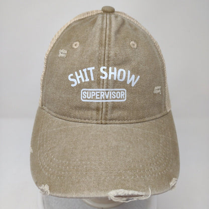 S**t Show Supervisor Snapback Trucker Hat Tan One Size Mesh Back Distressed