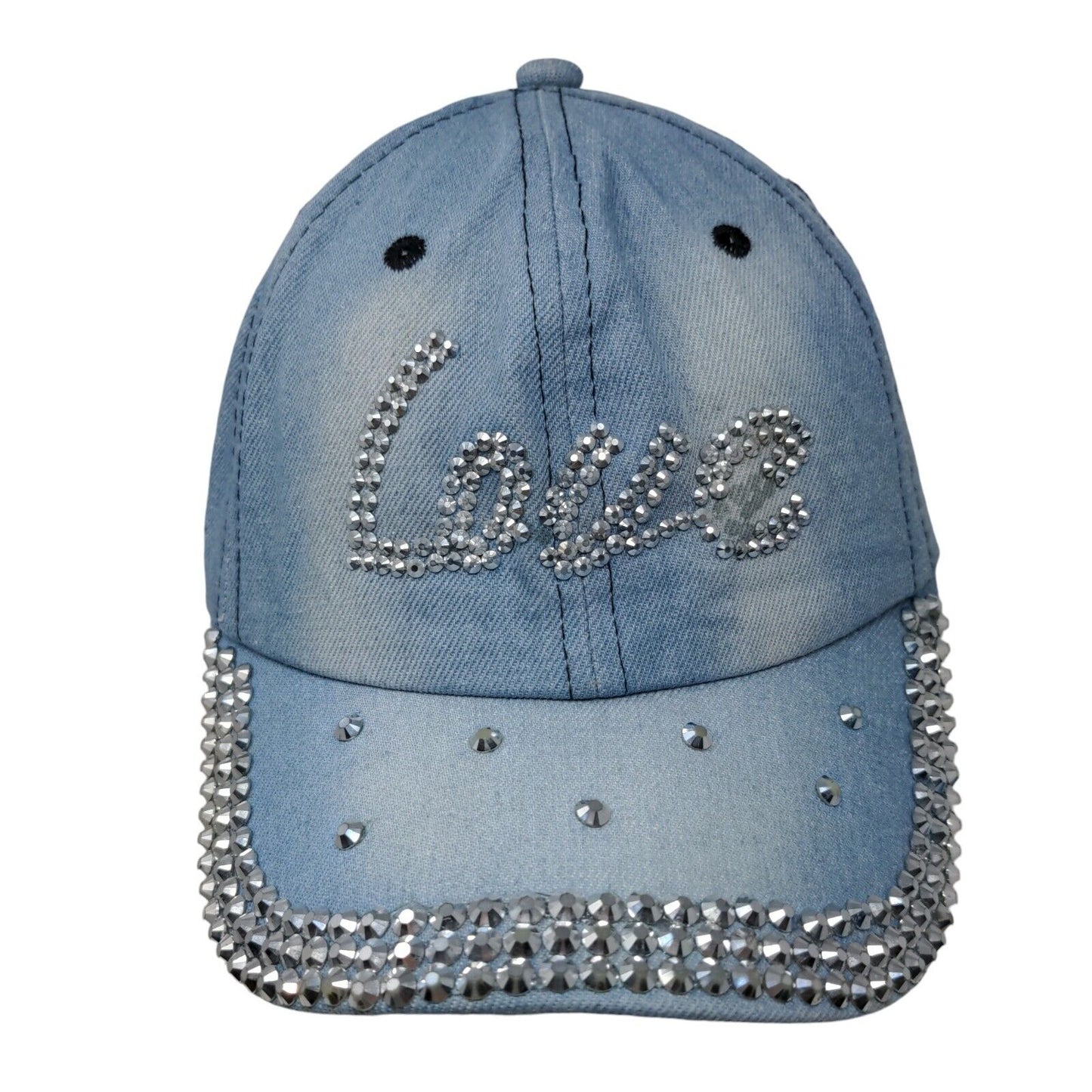 Love Bling Slideback Hat Blue One Size Adjustable Vented Holes Denim Cotton