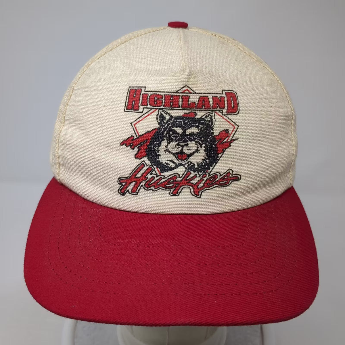 Highland Huskies SKM 5 Panel Snapback Hat Beige Red OS USA Adjustable Vintage