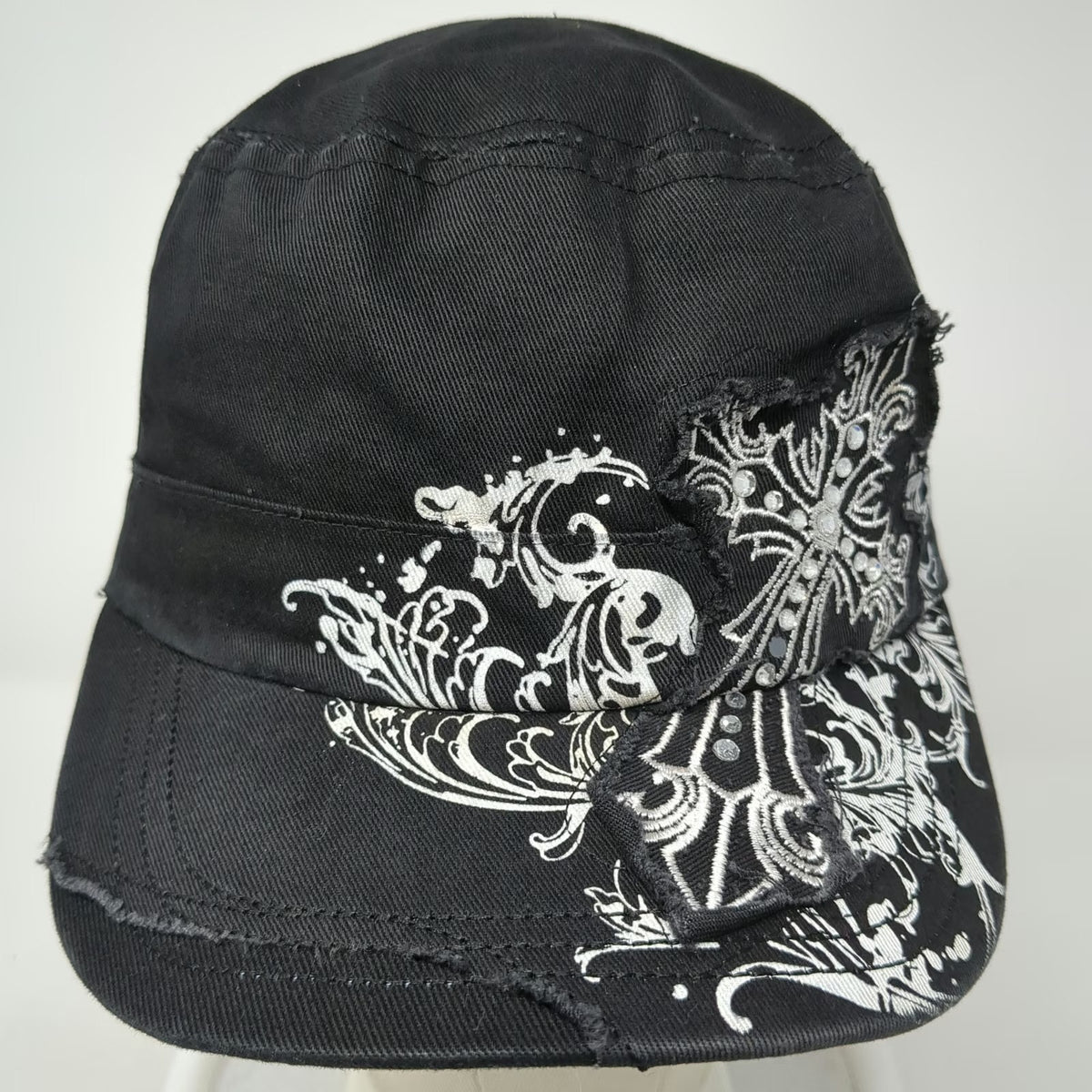 ZanCap Army Cap Black One Size Cross Rhinestone Scrollwork Frayed Studded Hat