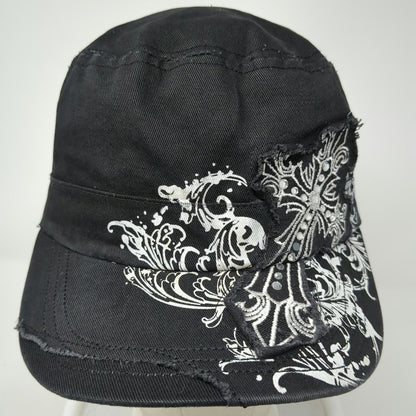 ZanCap Army Cap Black One Size Cross Rhinestone Scrollwork Frayed Studded Hat