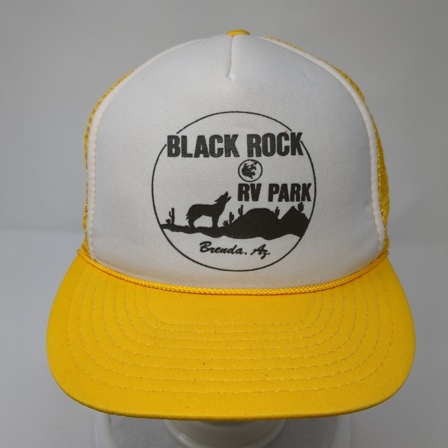 Black Rock RV Park Snapback Trucker Hat Yellow OS Adjustable Mesh Rope San Sun