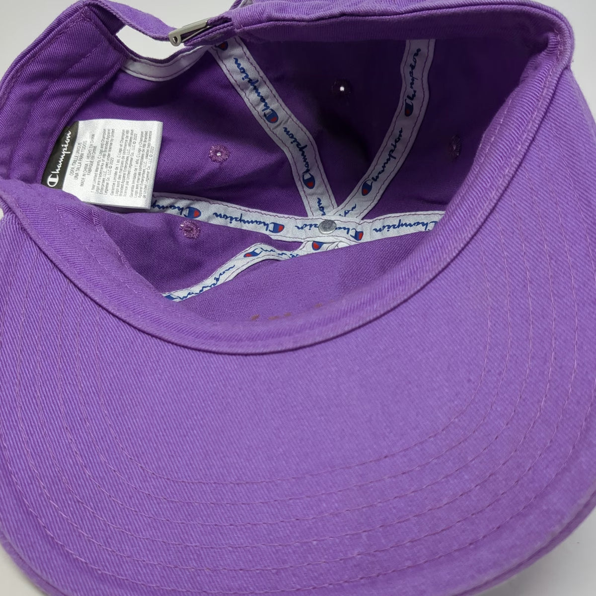 Champion 5 Panel Purple Hat One Size Cotton Script Logo Slideback Adjustable