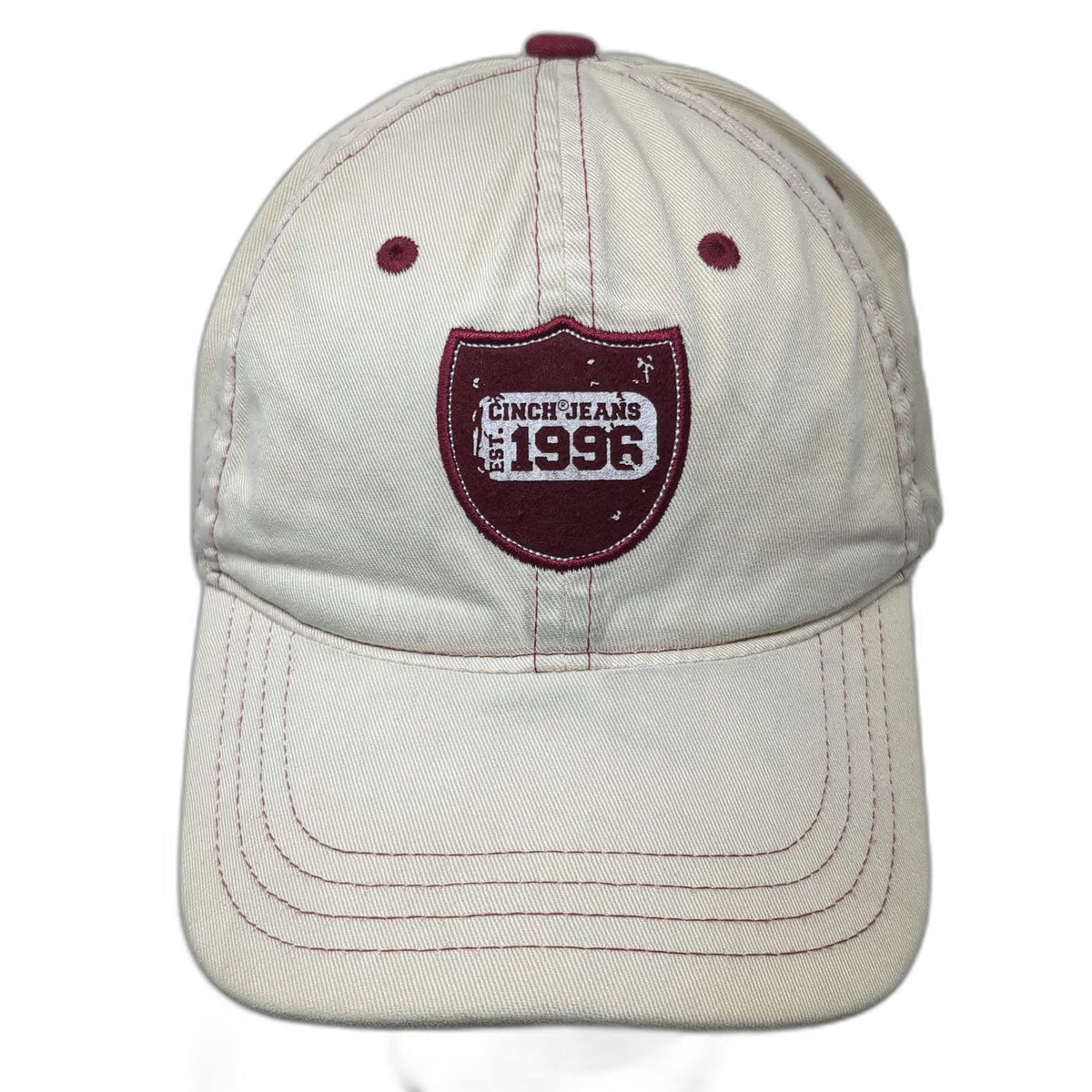 Cinch Jeans Beige Red Baseball Cap Hat M Shield Patch Fitted Contrast Stitch
