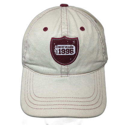Cinch Jeans Beige Red Baseball Cap Hat M Shield Patch Fitted Contrast Stitch