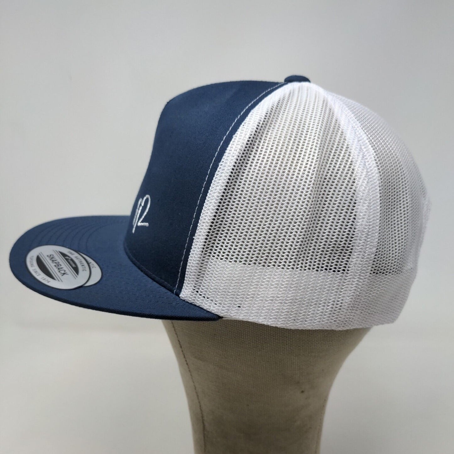 Yupoong Men's Snapback Mesh Back Trucker Hat Blue White Embroidered Fi2 Logo