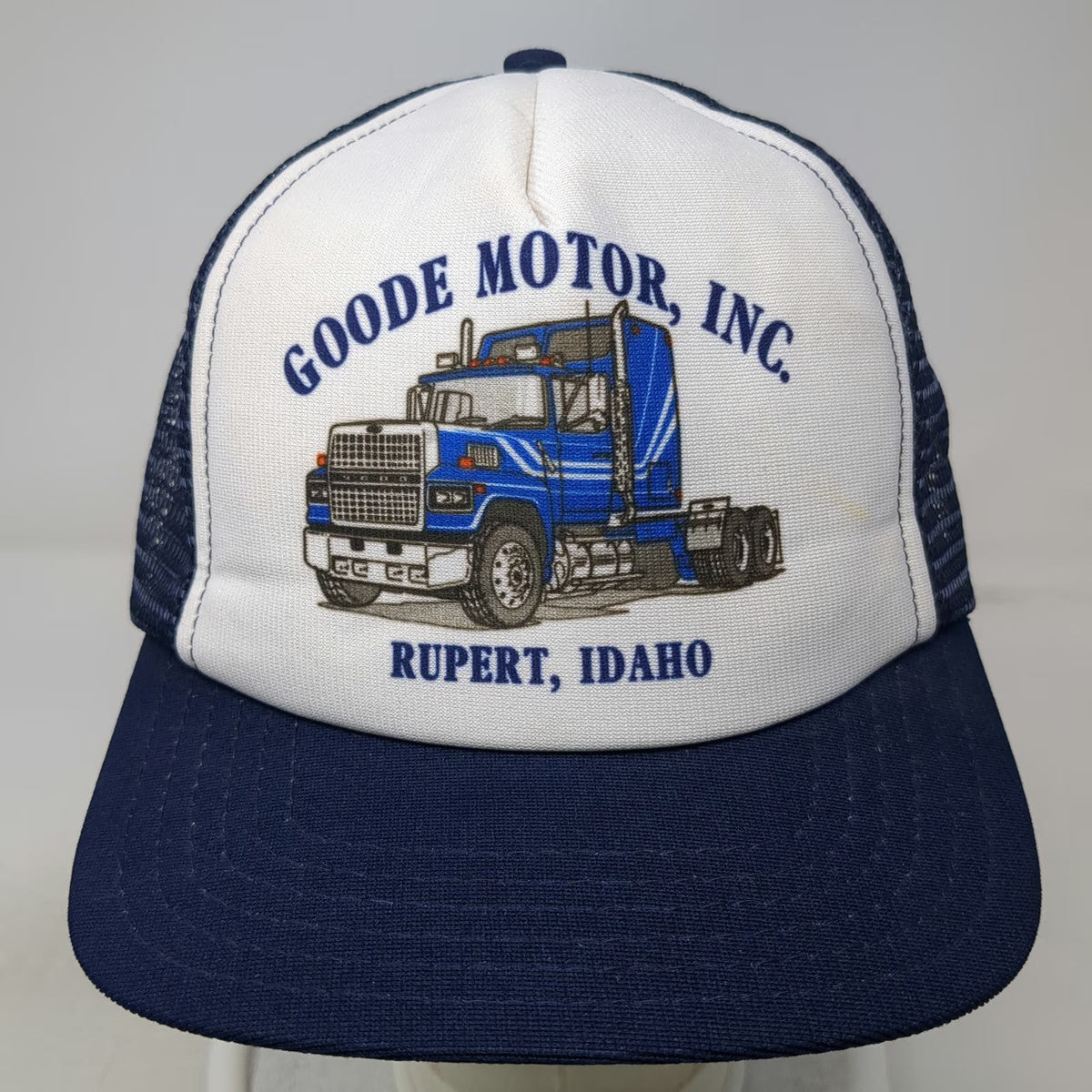 American Specialties Trucker Hat Blue White One Size Goode Motor Semi Truck USA