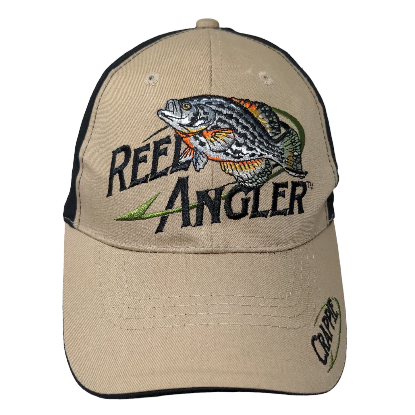 Reel Angler Men's Strapback Hat Tan Black OSFA Embroidered Big Fish Logo