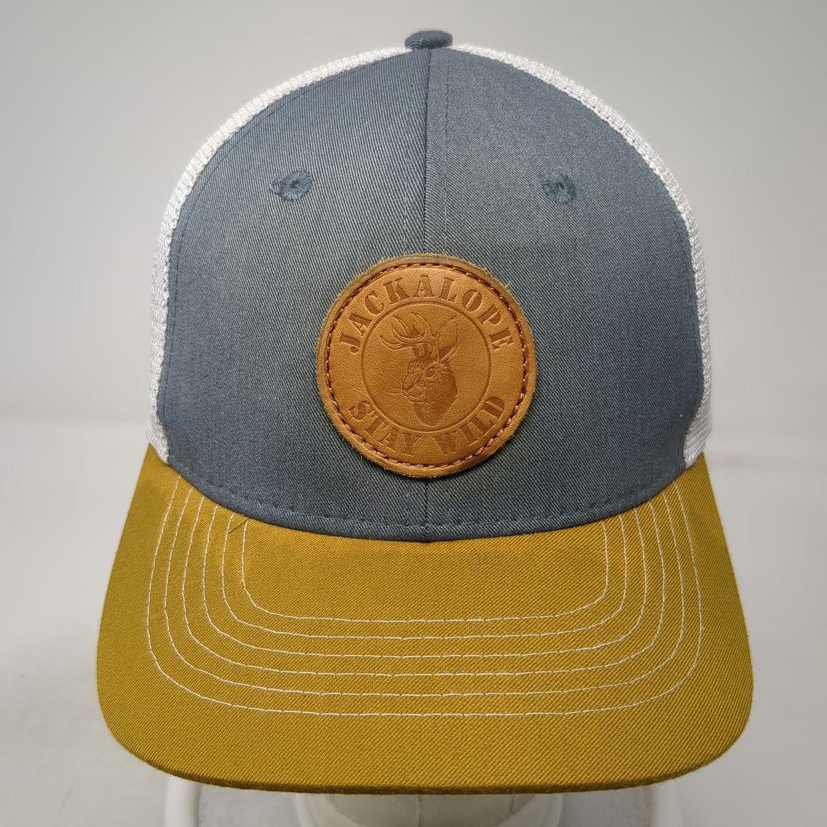 Arcadian Outfitters Trucker Hat Gray Gold White One Size Leather Patch Jackalope