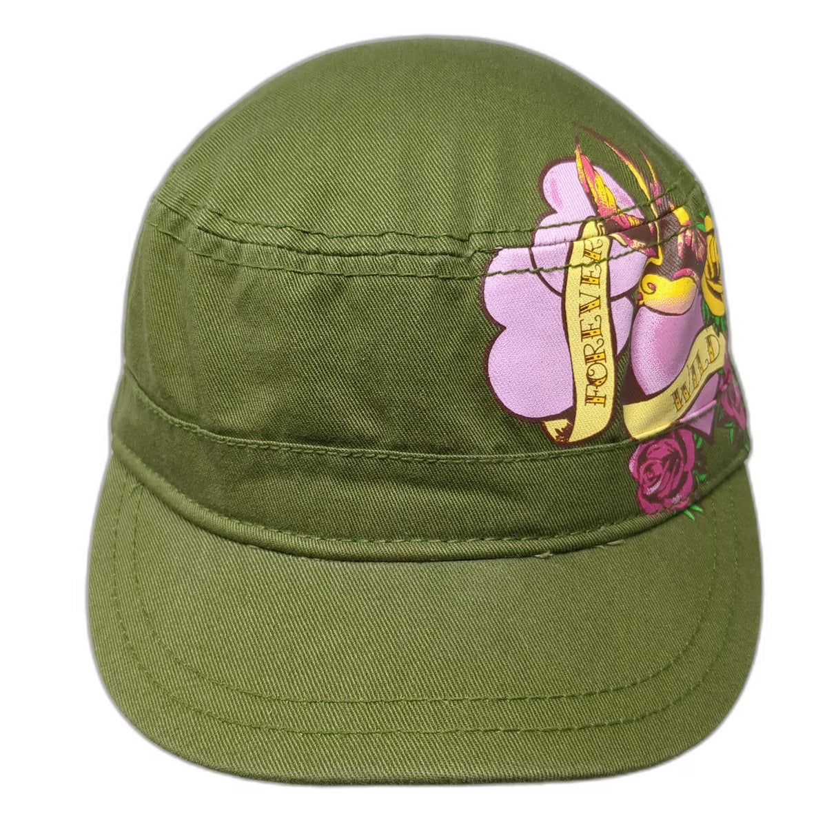 Army Cap Green One Size Forever Wild Tattoo Graphic Heart Rose Bird Cotton Hat