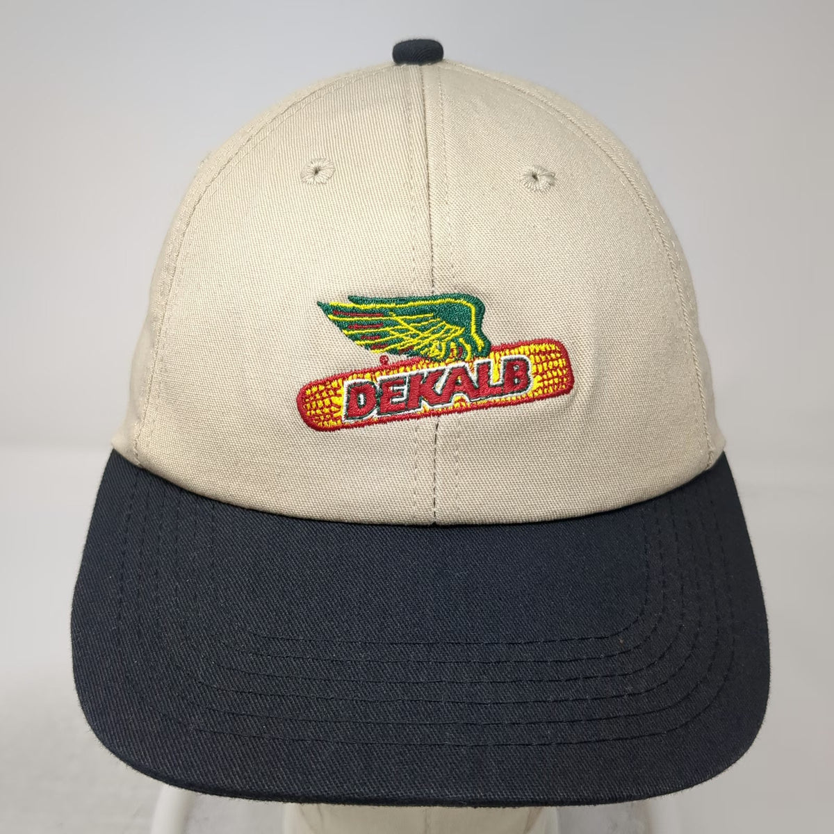K-Products Snapback Hat Beige Black One Size DEKALB Seed Winged Corn Logo Cap
