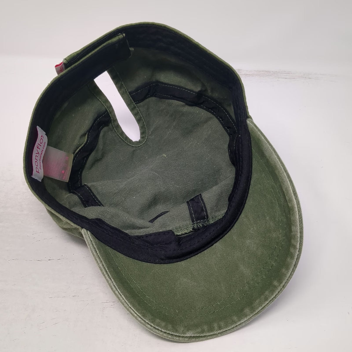 ponyflo Army Cap Green One Size Ponytail Opening Strapback Hat Cotton Washed