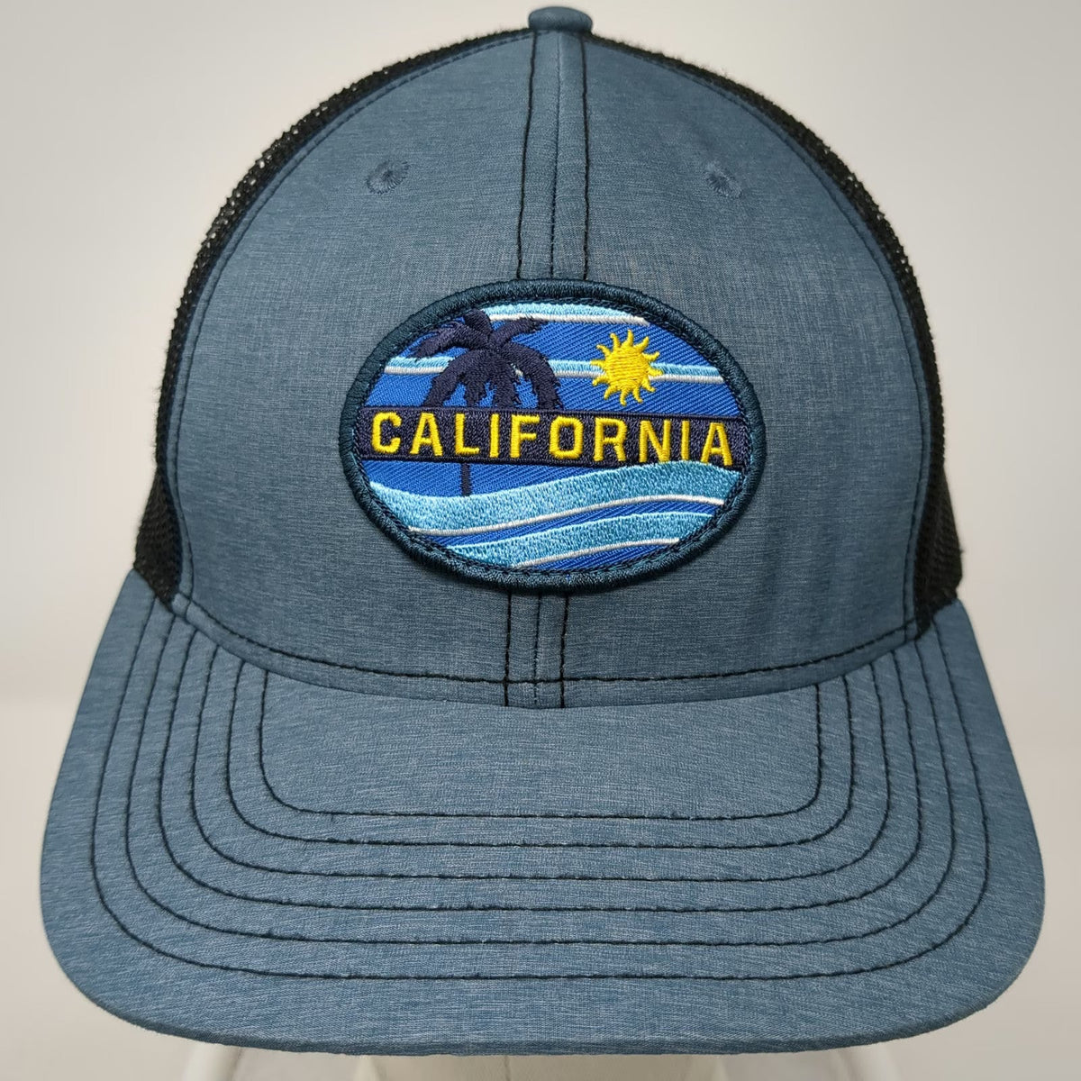G54 Trucker Hat Blue One Size California Palm Tree Sun Waves Patch Mesh Snapback