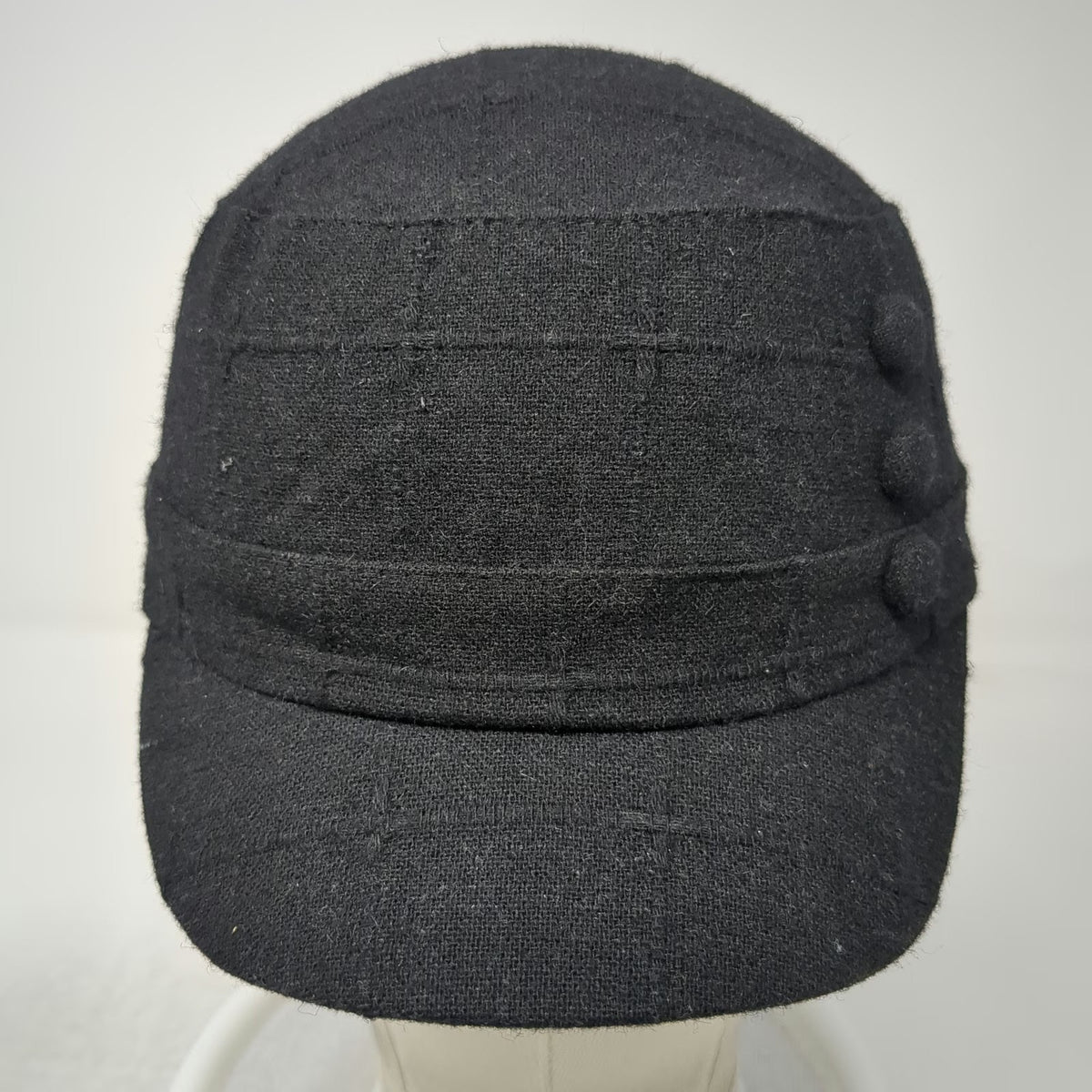 D&Y Army Cap Black One Size Wool Blend Decorative Buttons Elastic Back Hat Cadet