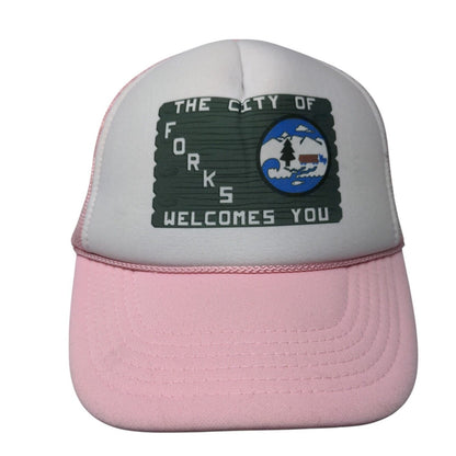 The City of Forks Welcome You Snapback Trucker Hat Pink OS Mesh Back Rope Nissun
