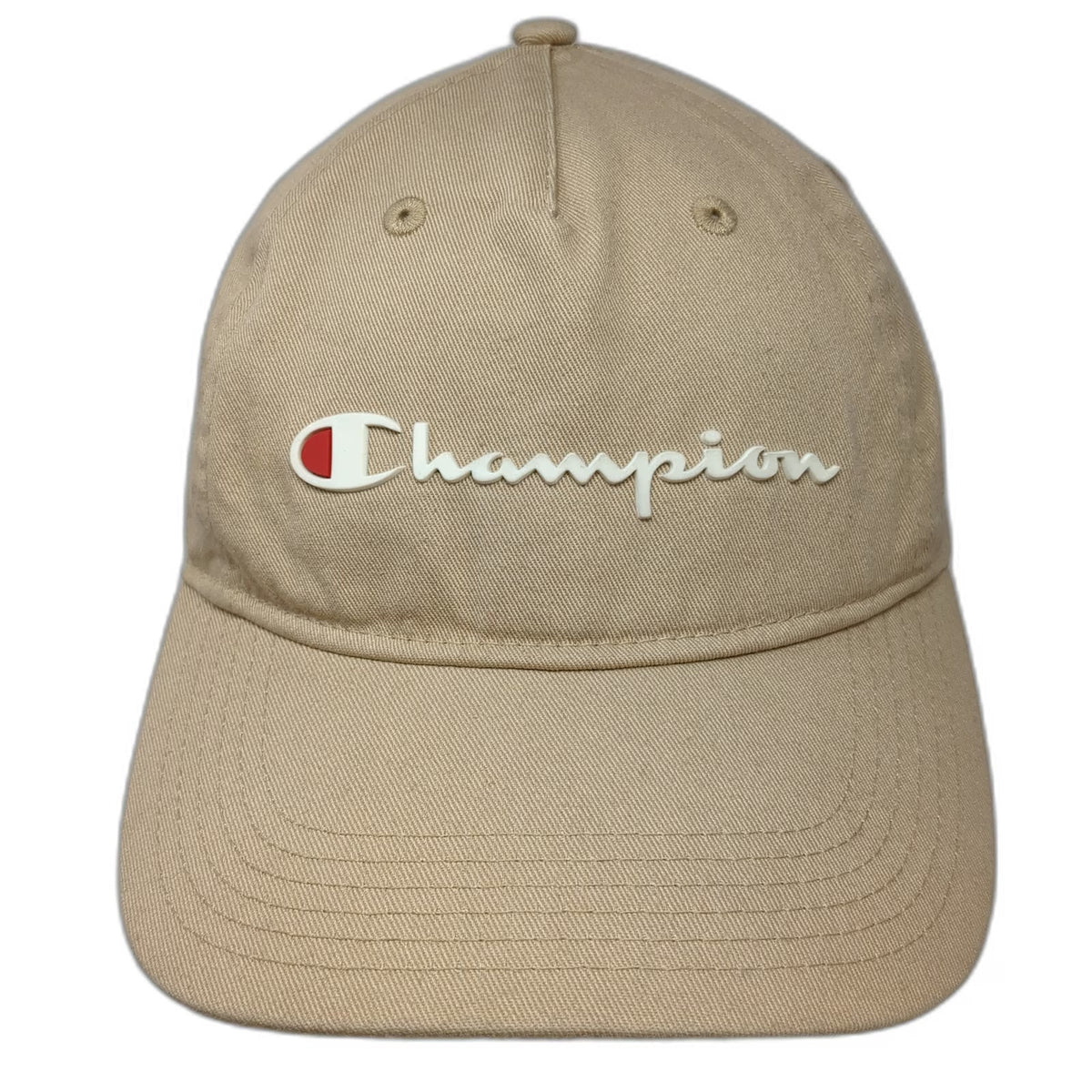 Champion 5 Panel Beige One Size Hat Cotton Slideback Script Logo Embroidered