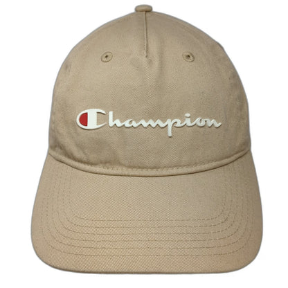 Champion 5 Panel Beige One Size Hat Cotton Slideback Script Logo Embroidered