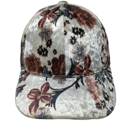 Baseball Cap White OSFM Crushed Velvet Floral Pattern Metallic Gold Roses Hat