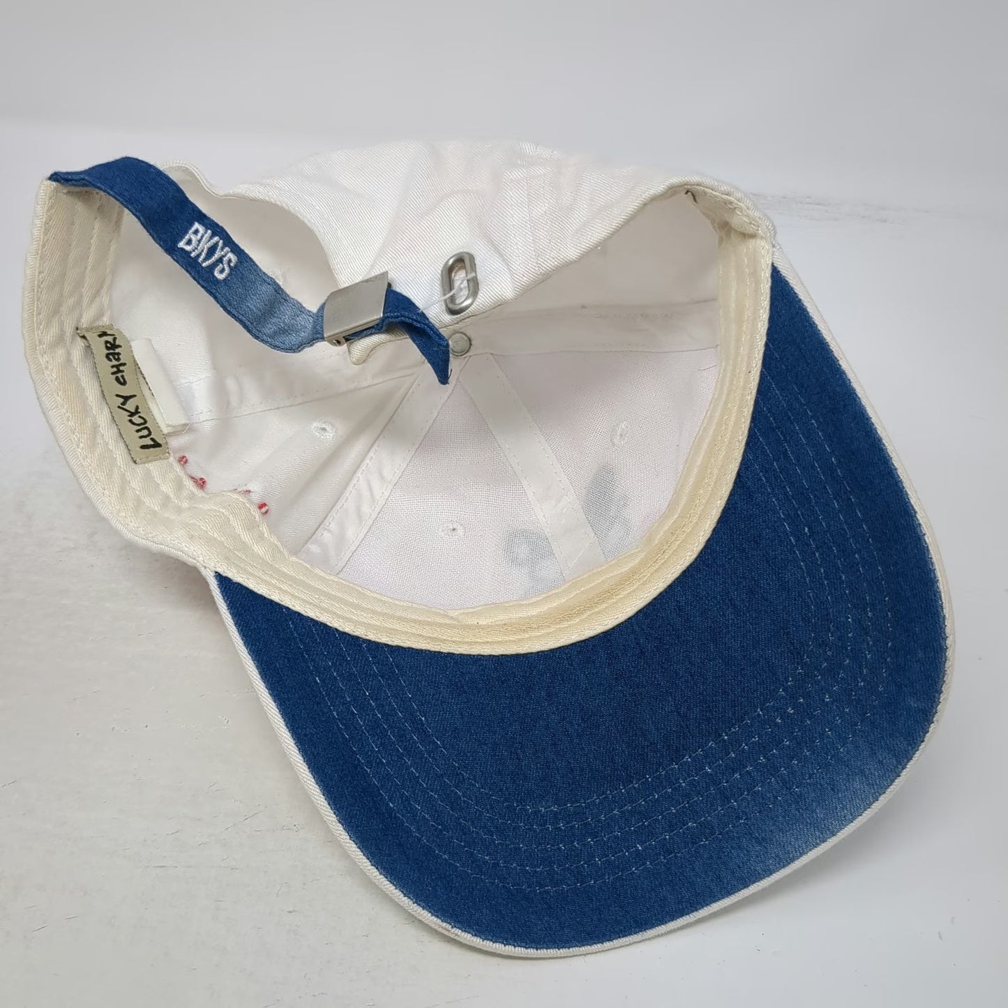 BKYS Baseball Cap White One Size Blue Underbrim Lucky Charm Embroidered Bear Hat
