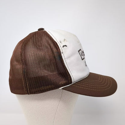 Young An 4 Square Builders Logo Mesh Back Trucker Hat Brown White OSFM Snapback