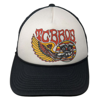 TC Bros. Trucker Hat Black White One Size Winged Engine Motorcycle Graphic Foam