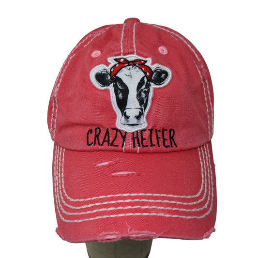 KB Ethos Women's Strapback Hat Pink Embroidered Crazy Heifer Cow Logo Distressed