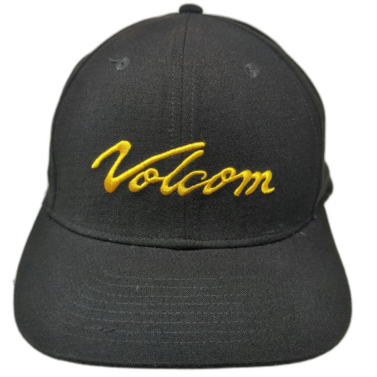 Volcom Snapback Hat Black One Size Yellow Script Logo Embroidery 6 Panel Cap