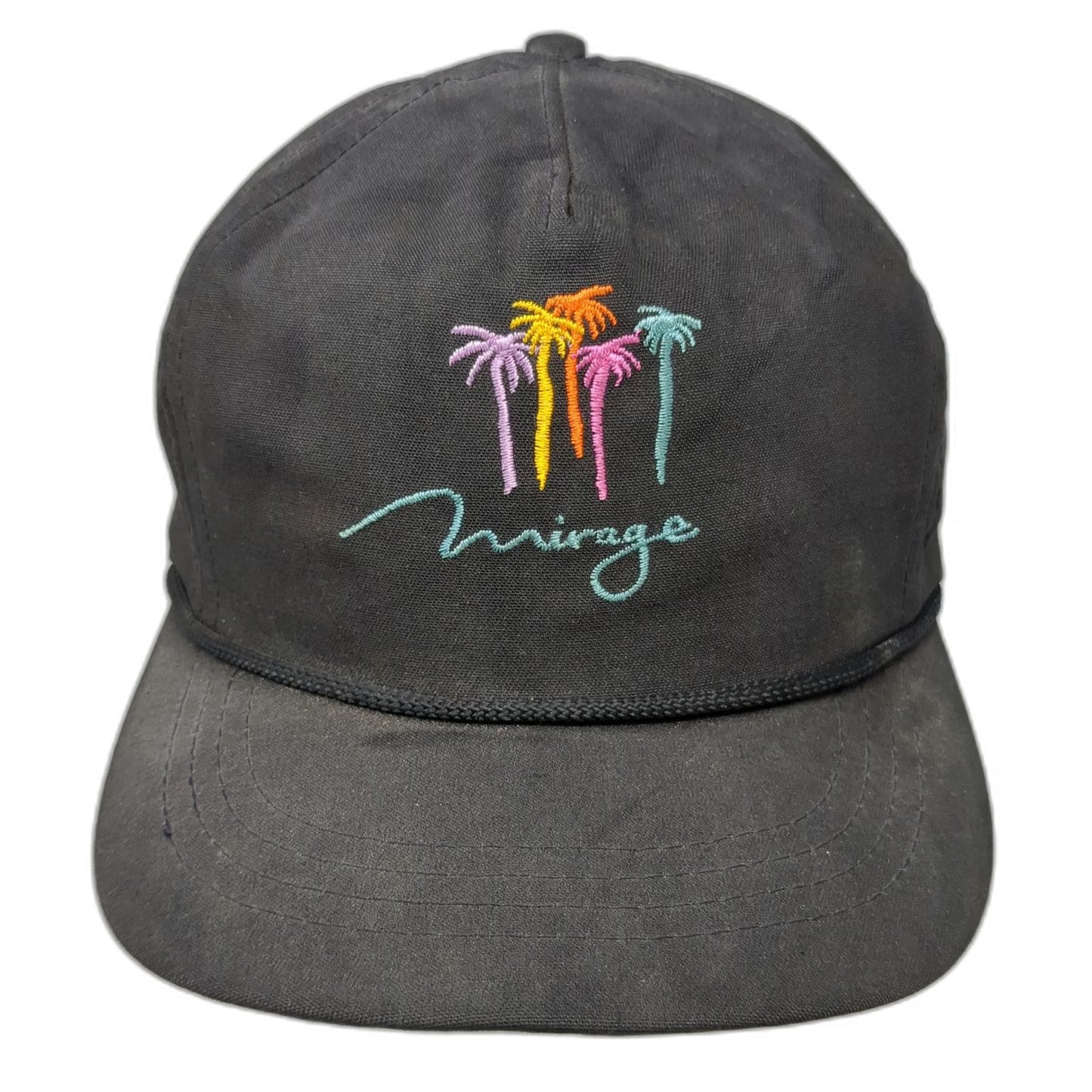 Cali-fame 5 Panel Black One Size Hat Rope Brim Green Underbrim Palm Trees Mirage