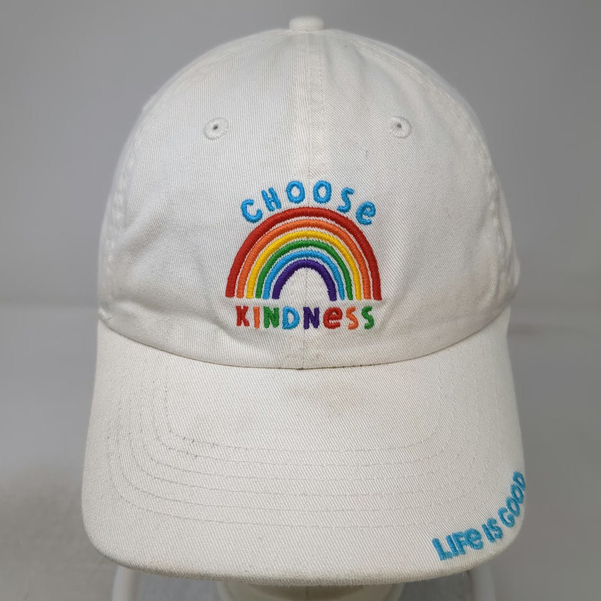 Life is Good Baseball Cap White One Size Choose Kindness Rainbow Strapback Hat