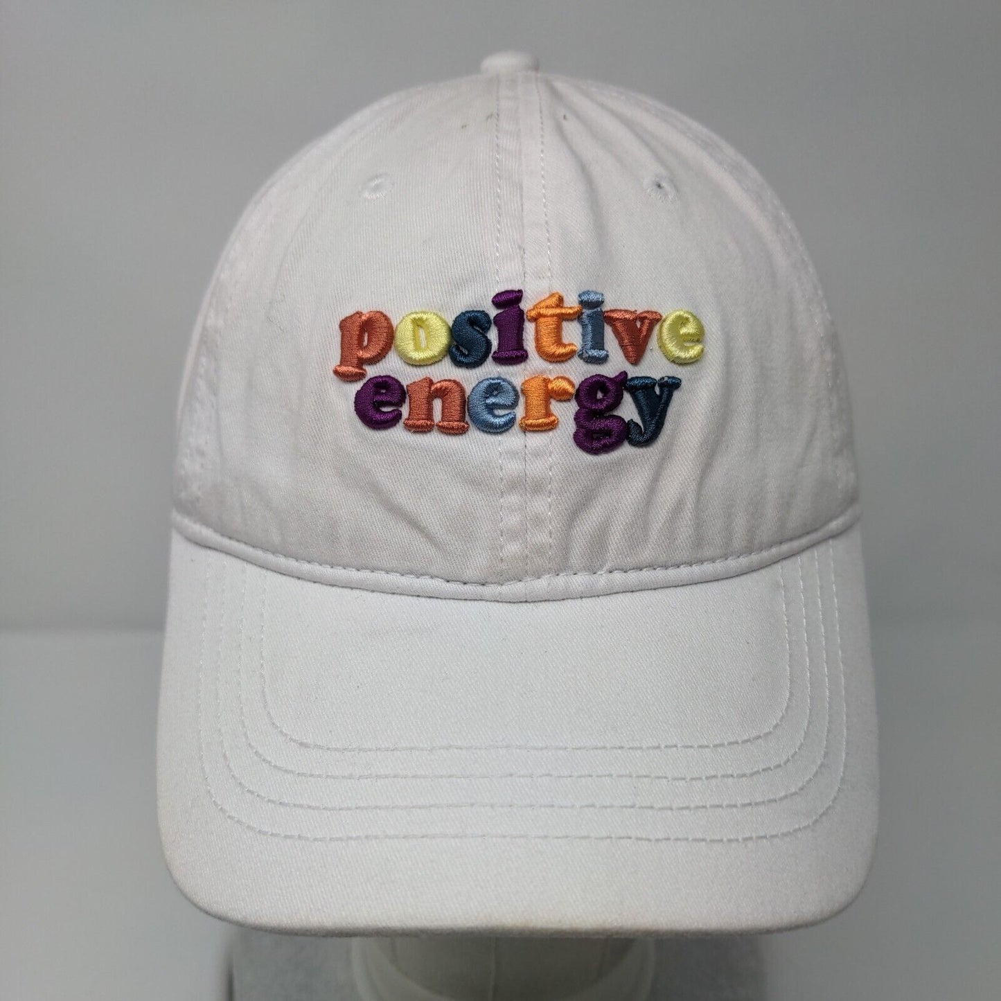 Positive Energy Tie Back Hat White OSFM Embroidered Colorful Font