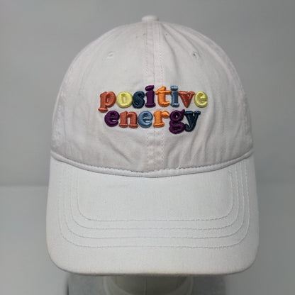 Positive Energy Tie Back Hat White OSFM Embroidered Colorful Font