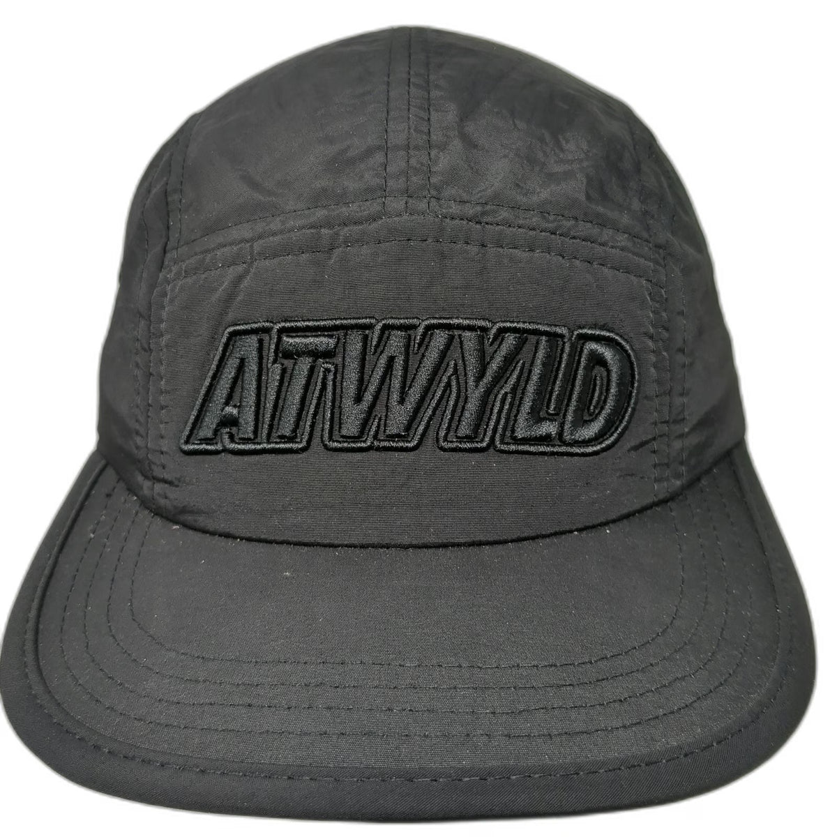 ATWYLD 5 Panel Hat Black One Size Flat Brim Slideback Tonal Logo Lightweight