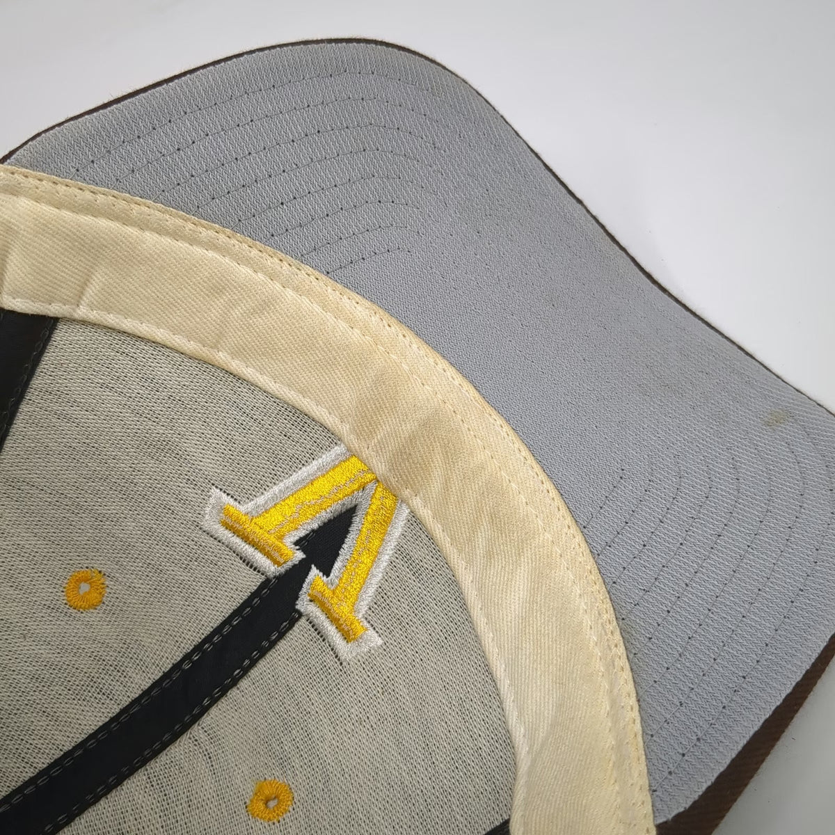 DeLONG Baseball Cap Brown Yellow White 7 1/2 Fitted Made in USA Letter V Hat