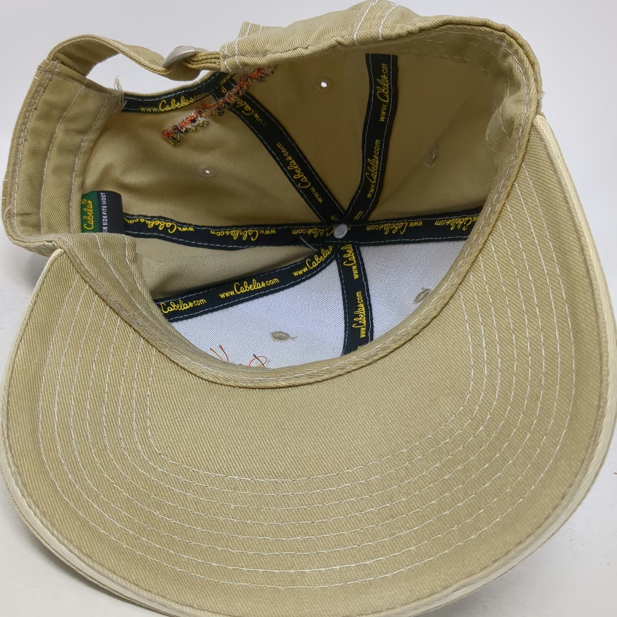 Cabela's Baseball Cap Beige One Size Contrast Stitching Slideback Hat Embroidery