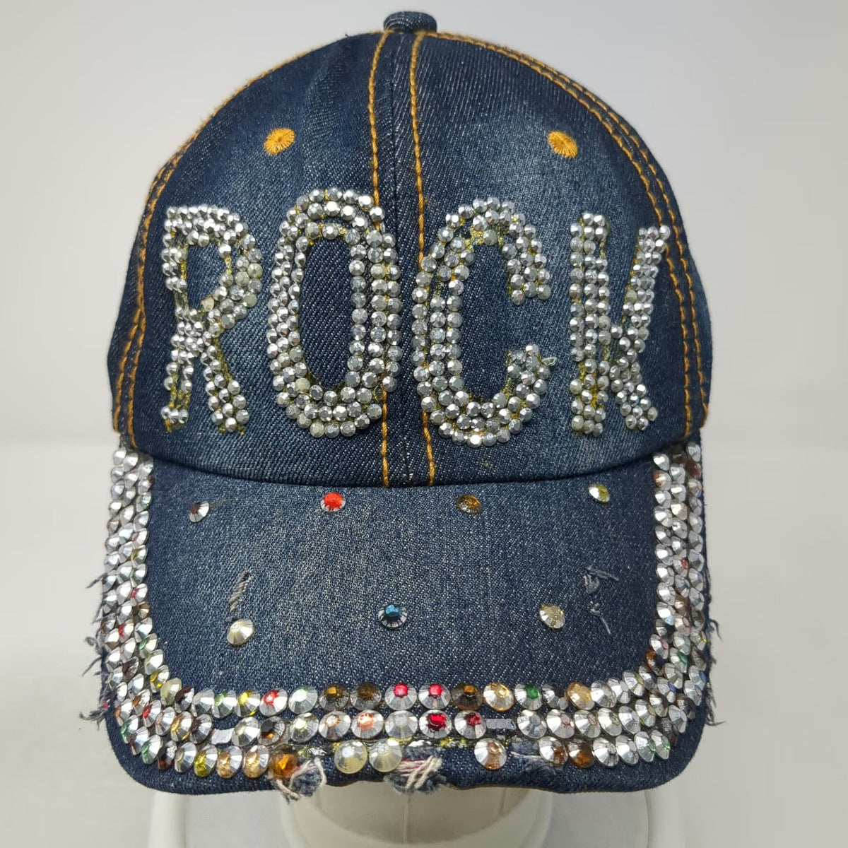 Rock Rhinestone Bling Distressed Blue Baseball Cap One Size Slideback Denim Hat