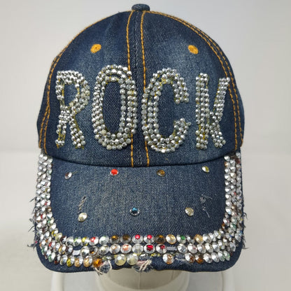 Rock Rhinestone Bling Distressed Blue Baseball Cap One Size Slideback Denim Hat