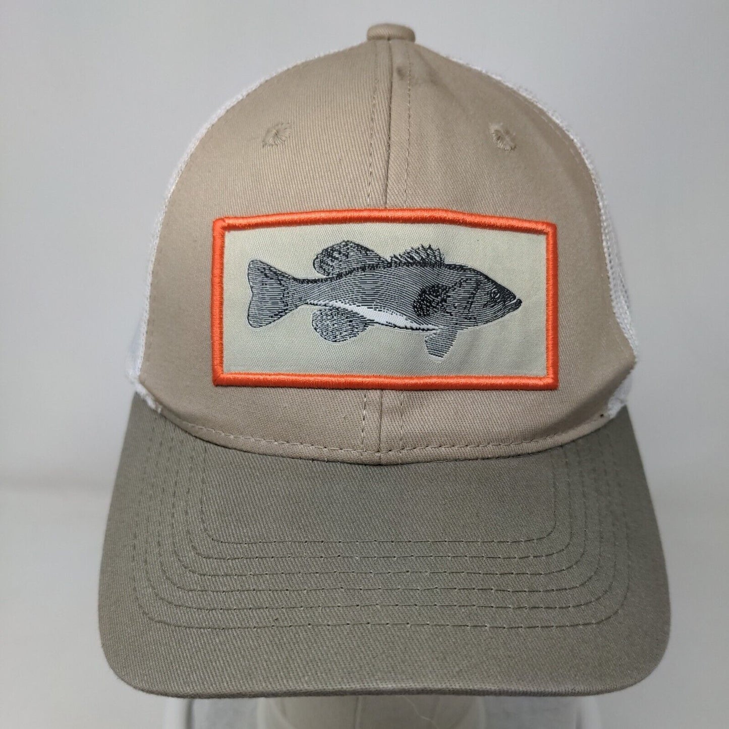 Bass Walleye Patch Snapback Mesh Back Trucker Hat Tan OSFM Colorblock