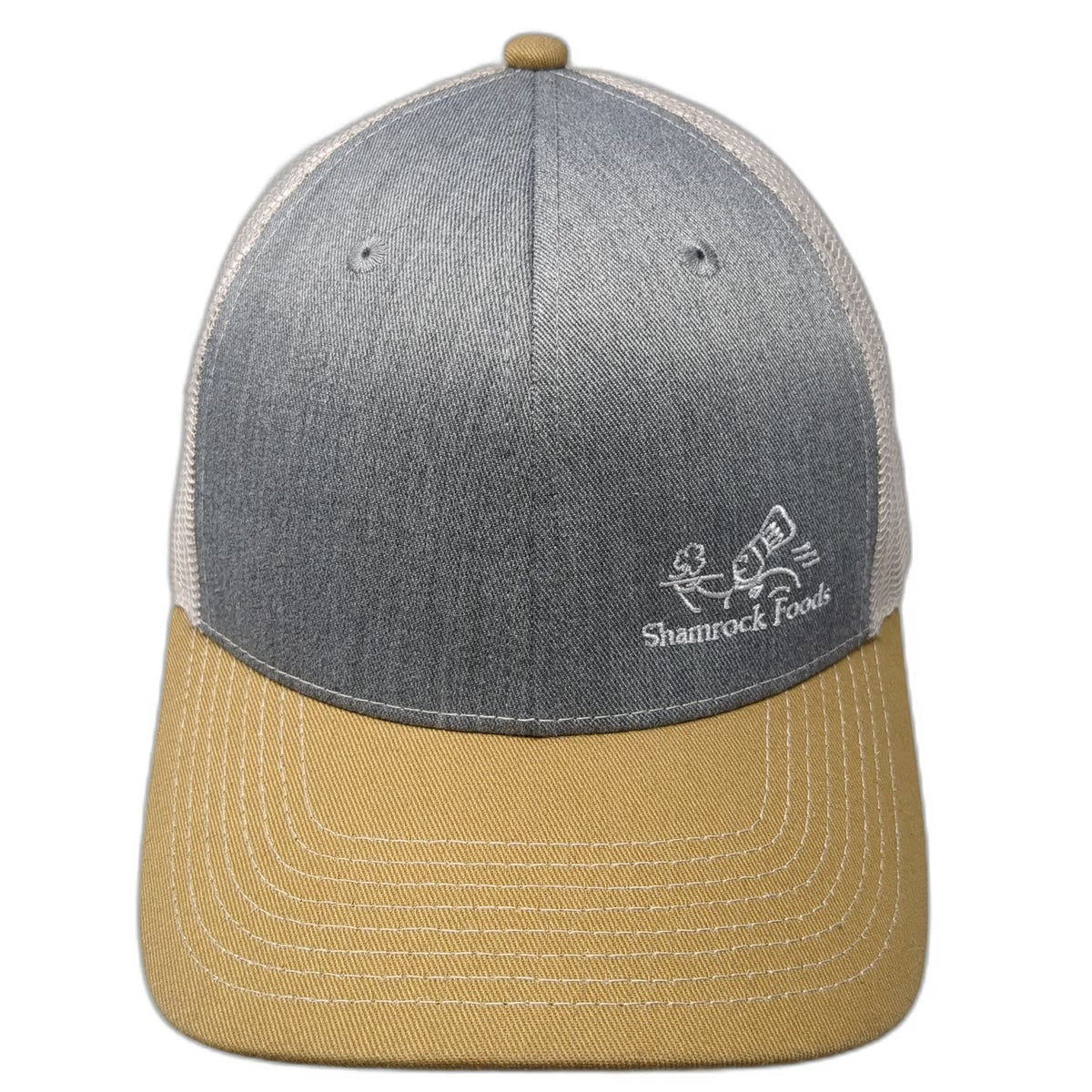 Fahrenheit Trucker Hat Gray Yellow One Size Shamrock Foods Logo Mesh Snapback