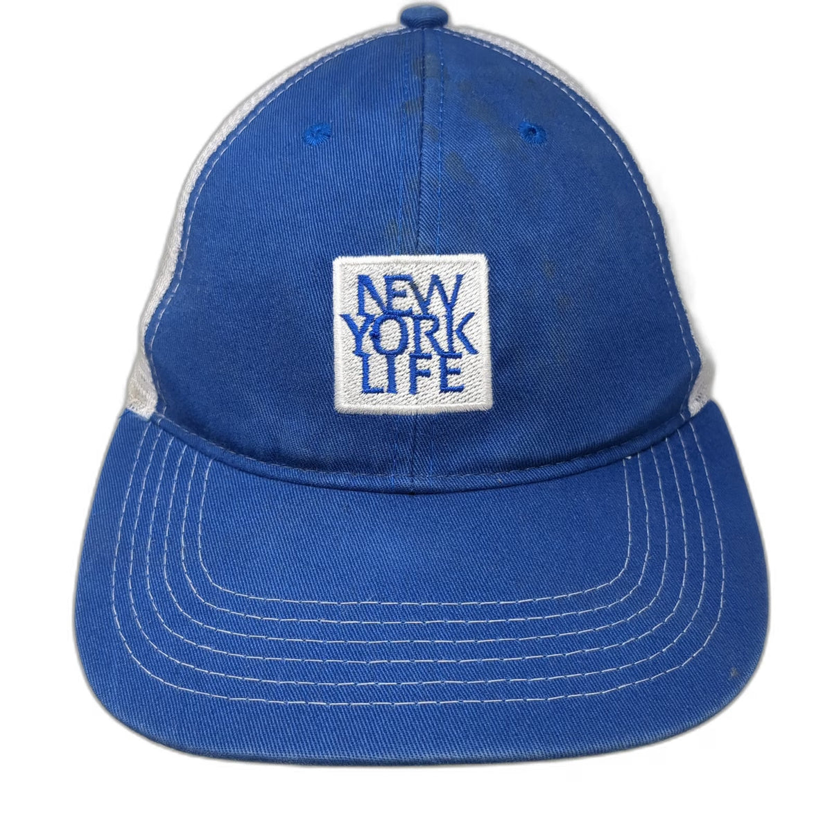 Quake City Caps New York Life Trucker Hat Blue White OSFM Snapback Mesh Patch