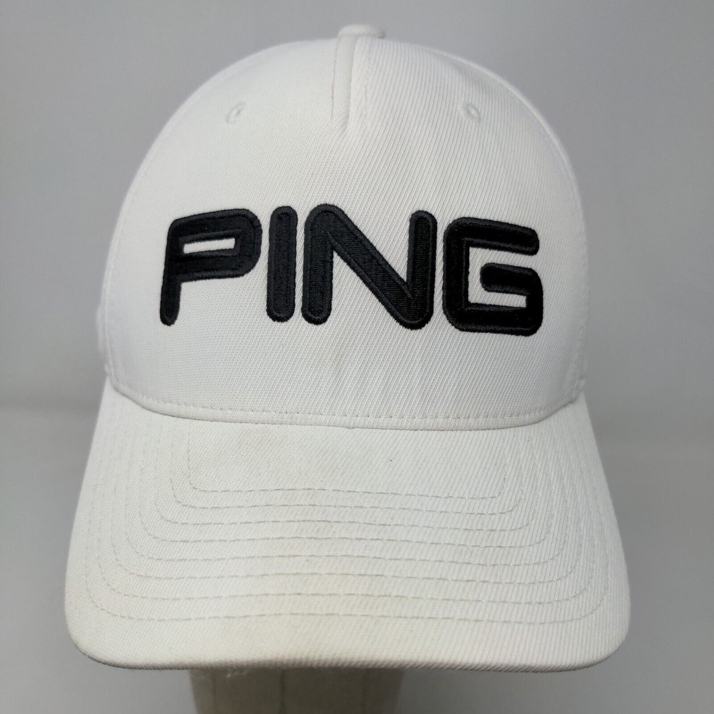 PING Men's Fitted Hat White Size S-M Embroidered Big Logo Nylon Blend