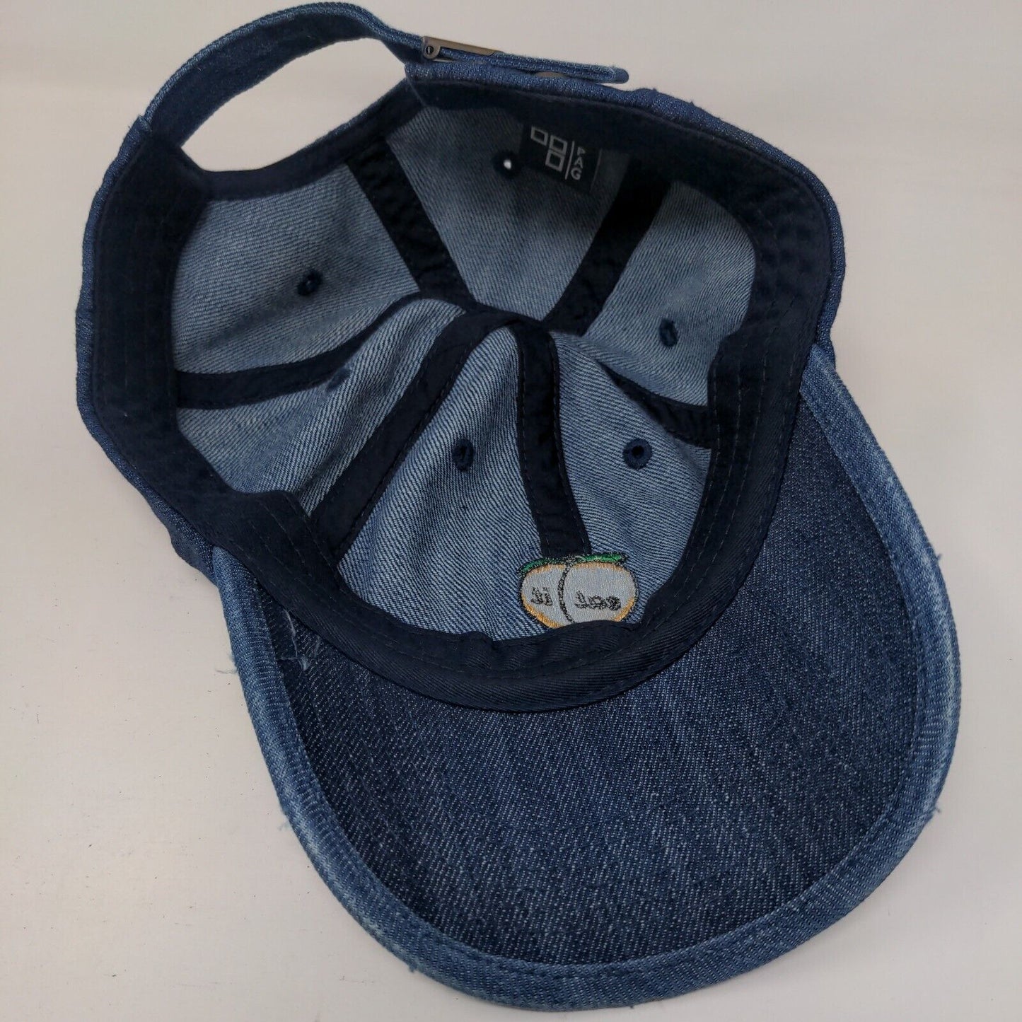 Peach Eat It Slideback Hat Blue OSFM Adjustable Embroidered Denim