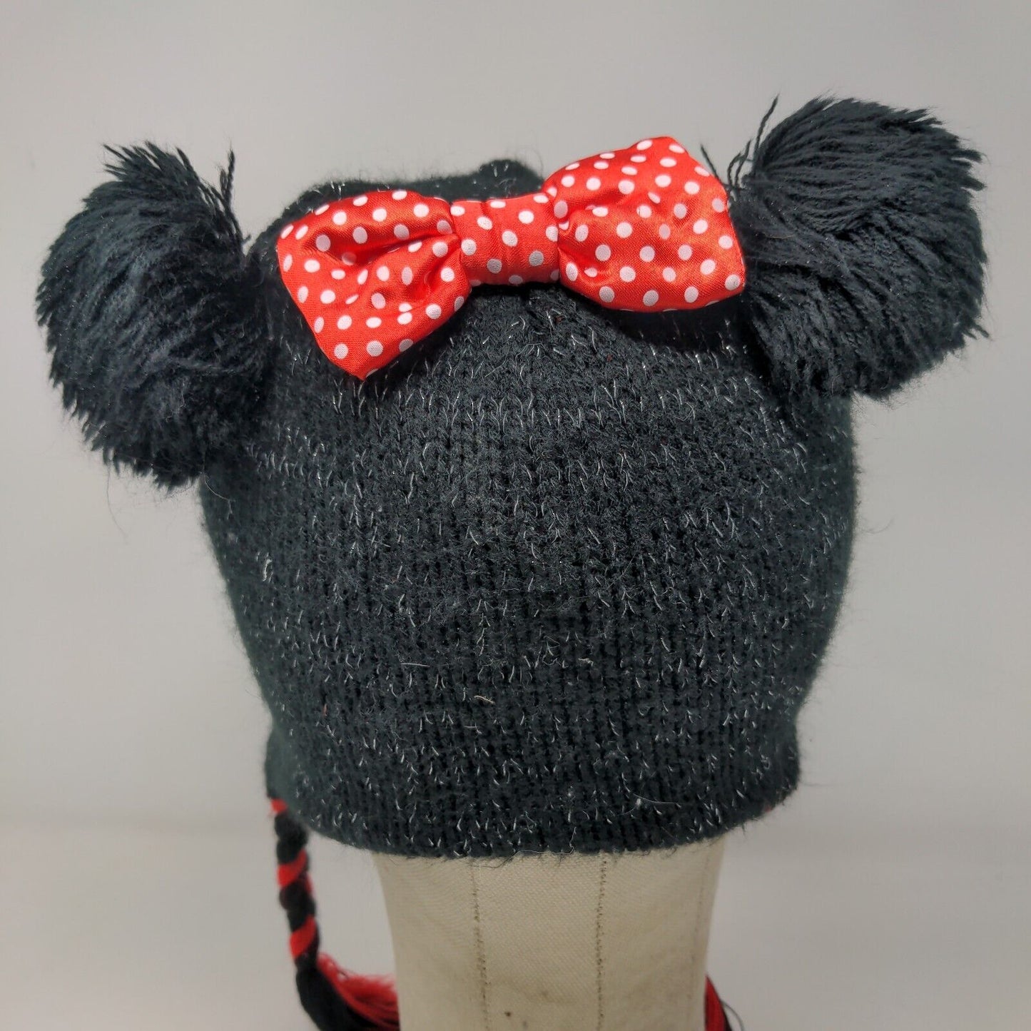 Disney Girls Knit Beanie Cap Black Red Size 4-16 Ear Flaps Fleece Lined