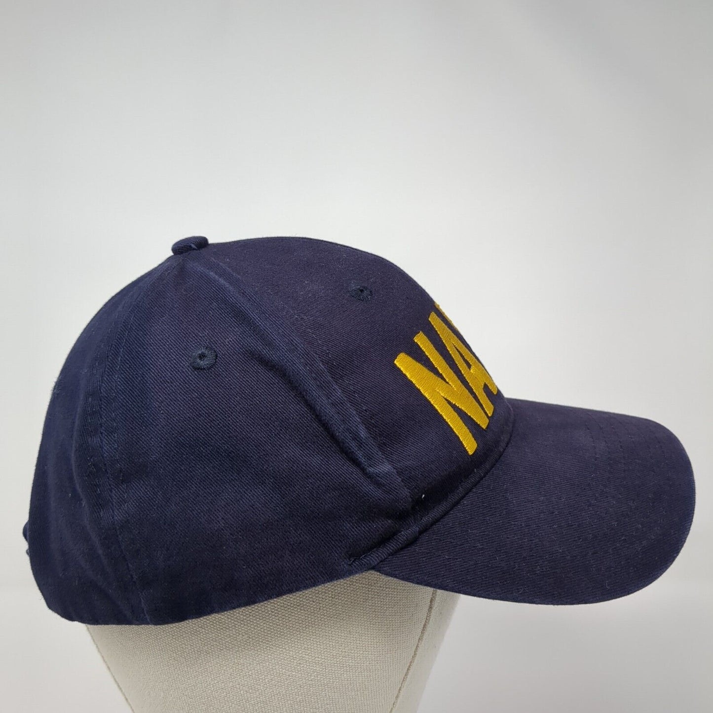 NAVY Strapback Hat Blue One Size Adjustable Embroidered Vented Holes 6 Panel
