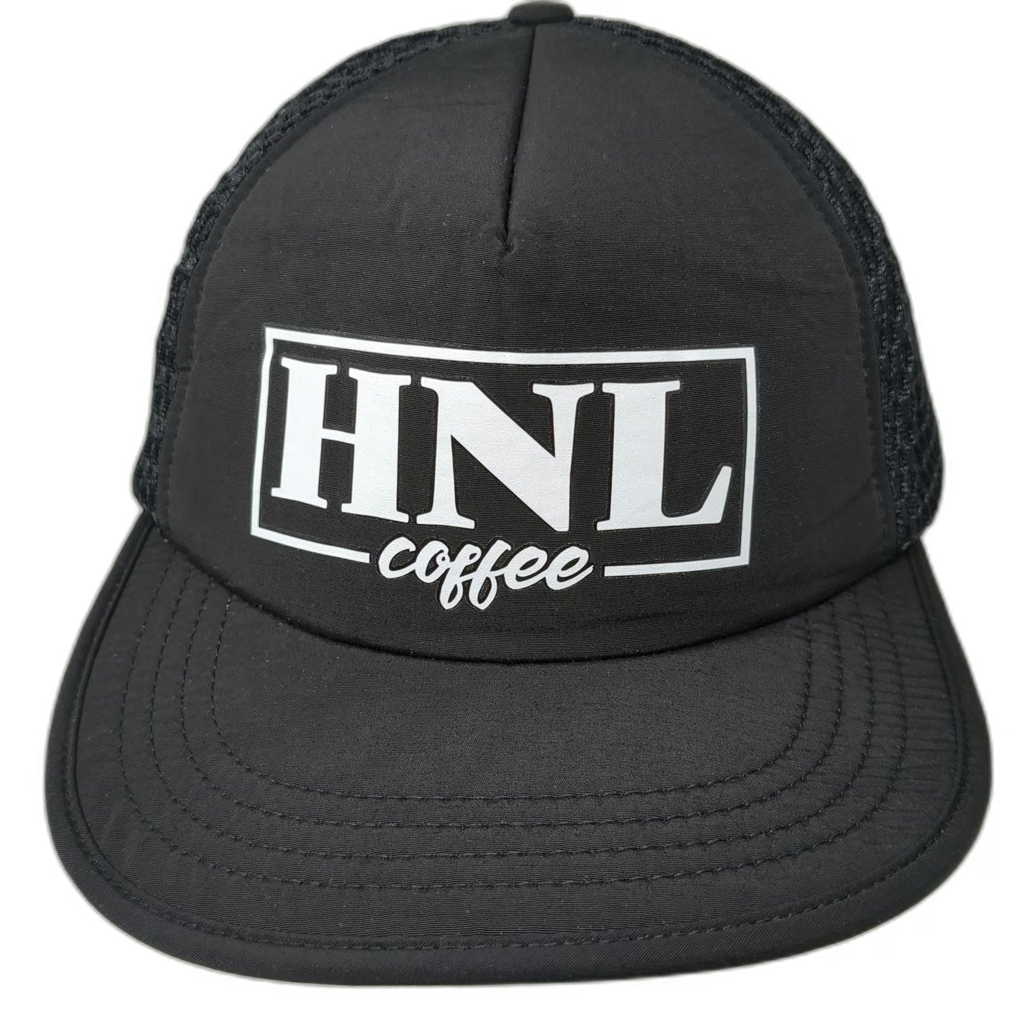 Black 5 Panel One Size Hat HNL Coffee Mesh Back Strapback Buckle Closure Logo